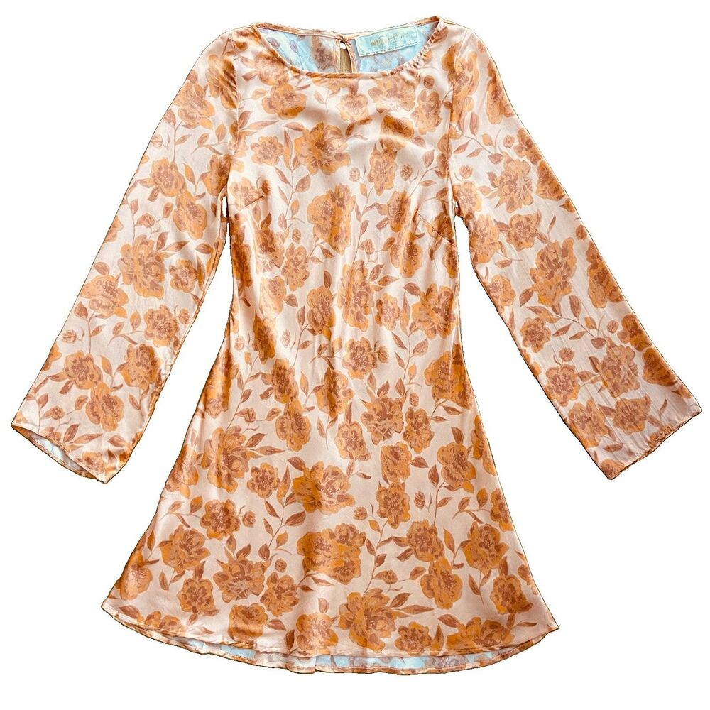 Jen’s Pirate Booty Floral Satin Mini Dress Small Pink Orange Long Sleeve Boho